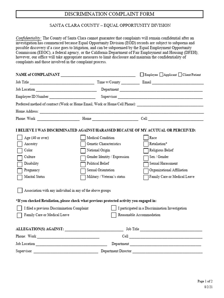 EOD Discrimination Complaint Form - August 2021 - Fillable 2 | PDF ...