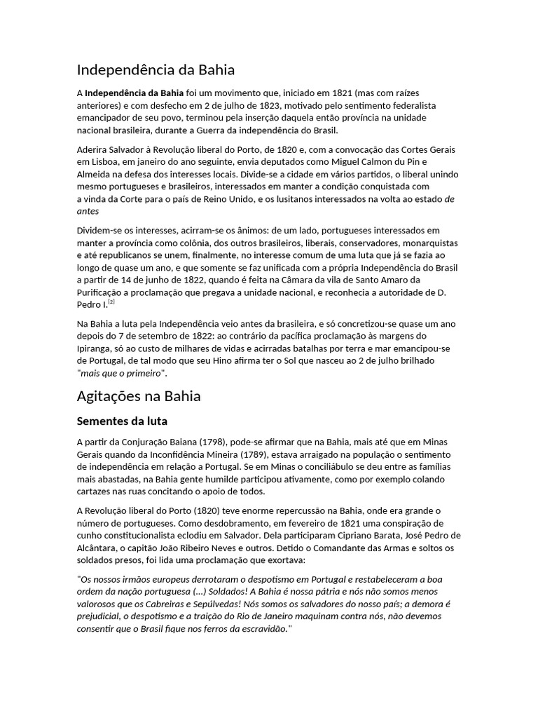 Independência da Bahia: Luta e Conflitos | PDF | Independência | Portugal