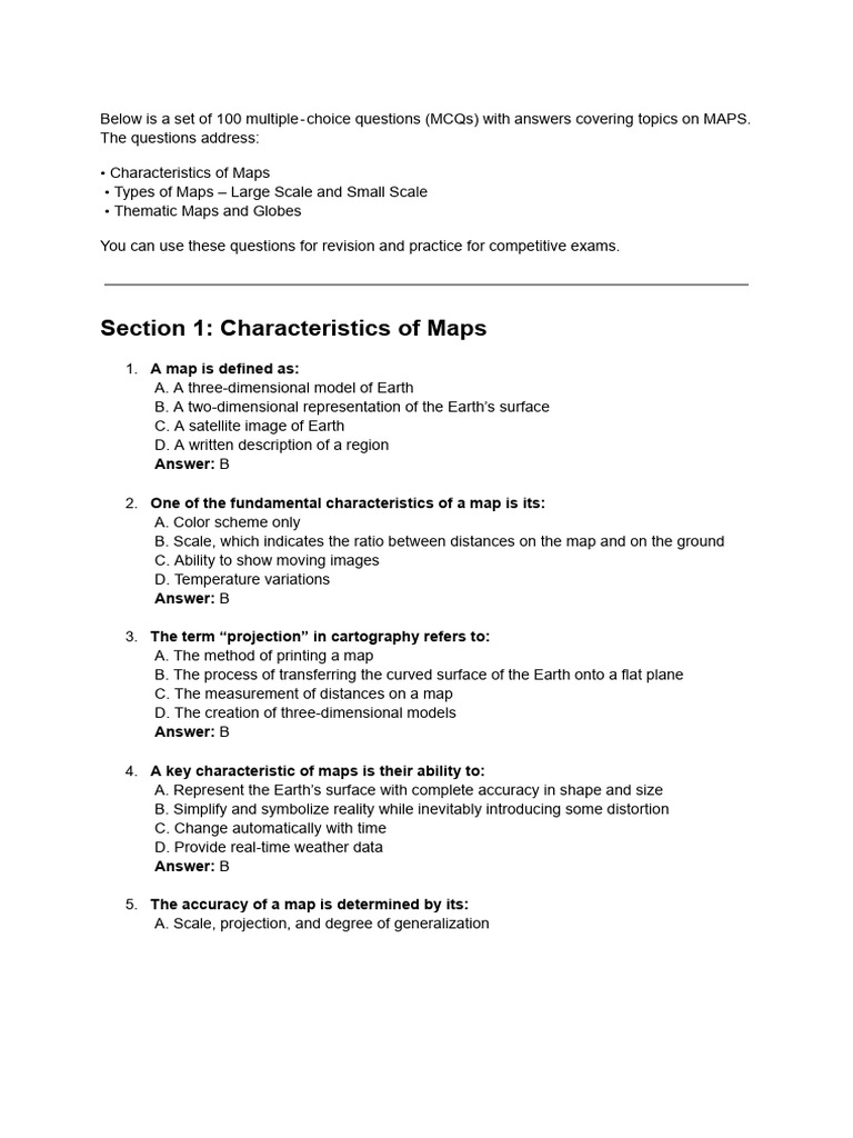 100 MCQs on Map Characteristics and Types | PDF | Map | Earth