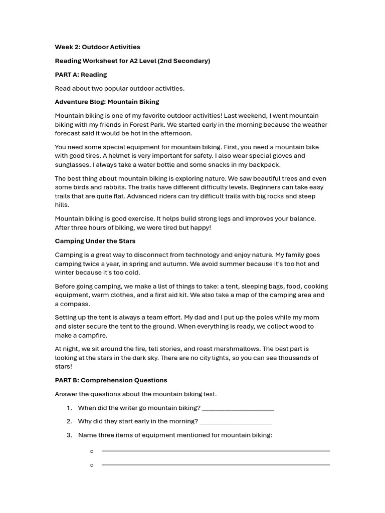 PJ Week 2 | PDF | Mountain Biking | Camping