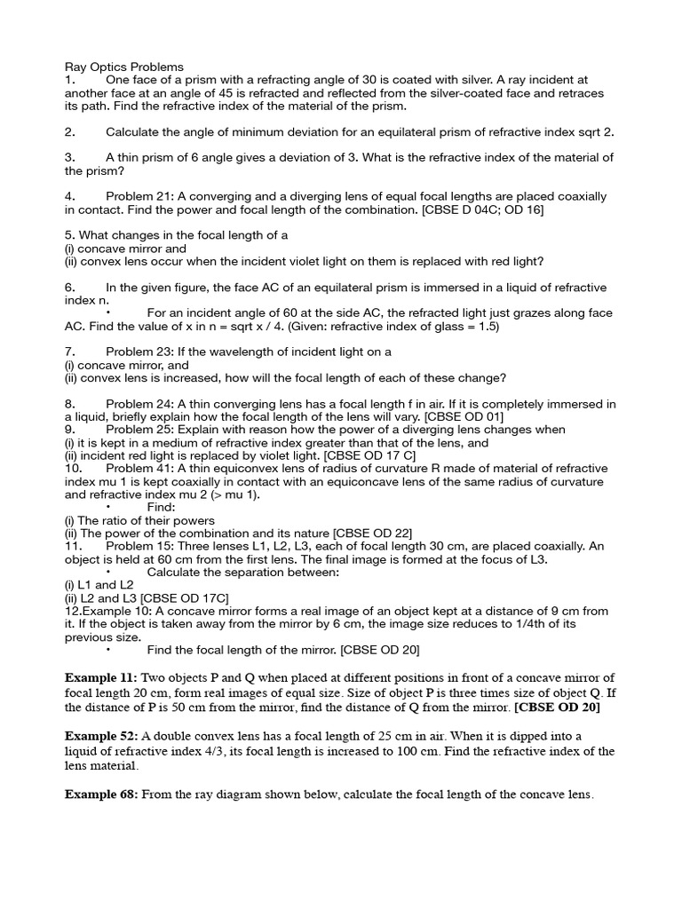 Ray Optics Problem Set and Solutions | PDF | Optics | Light