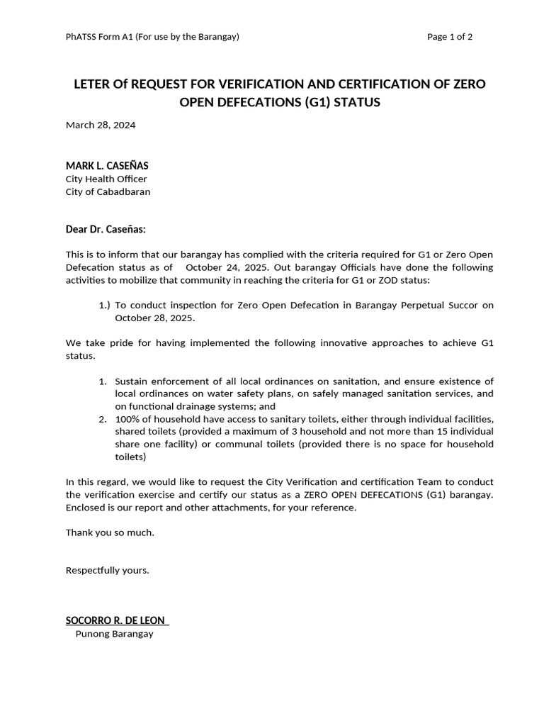 Request for G1 Zero Open Defecation Certification | PDF