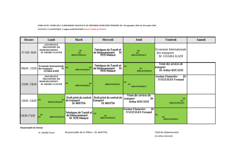 Emploi du temps Licence 3 Logistique | PDF