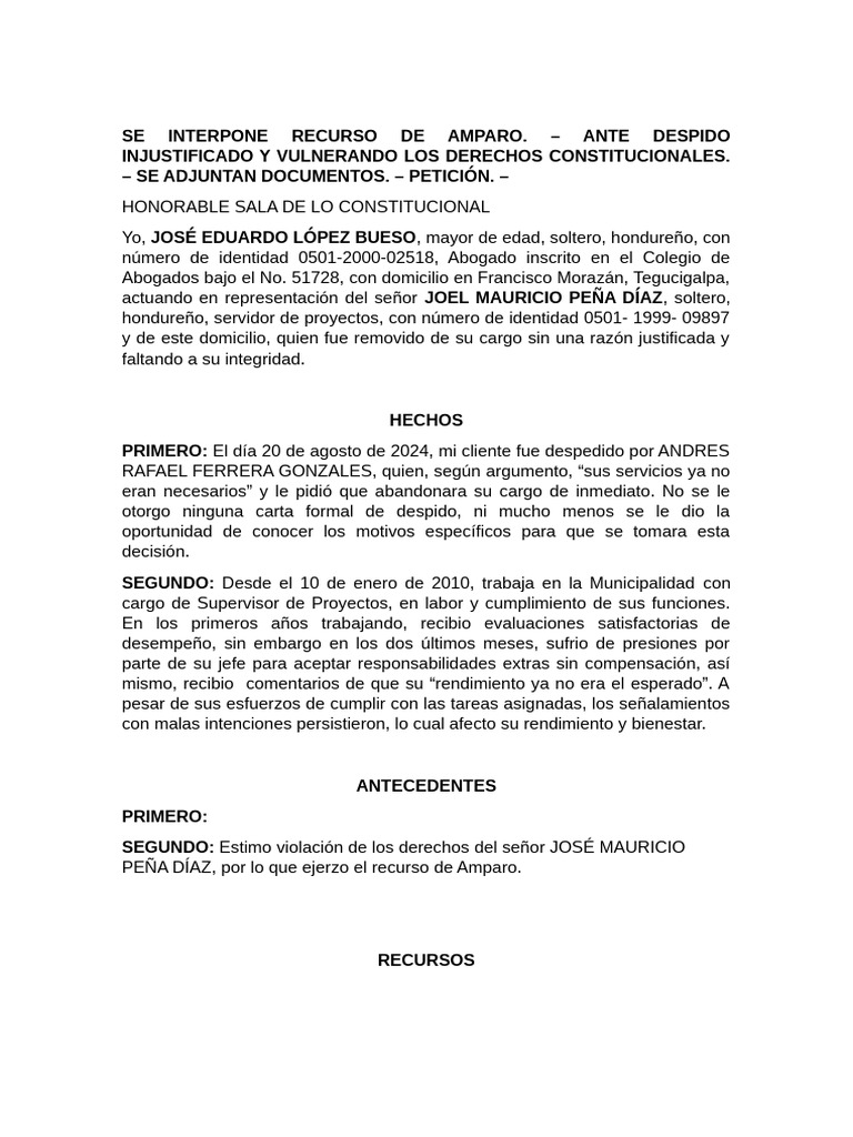 Recurso de Amparo por Despido Injustificado | PDF