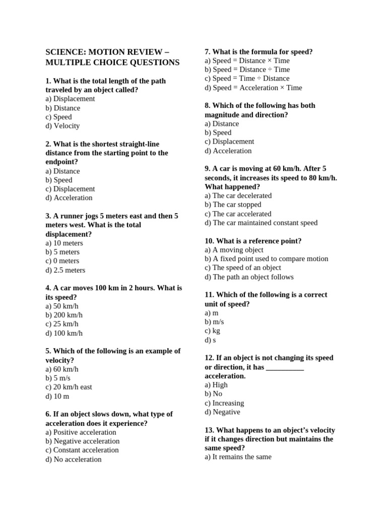 Motion Concepts: MCQ Review Guide | PDF | Speed | Acceleration