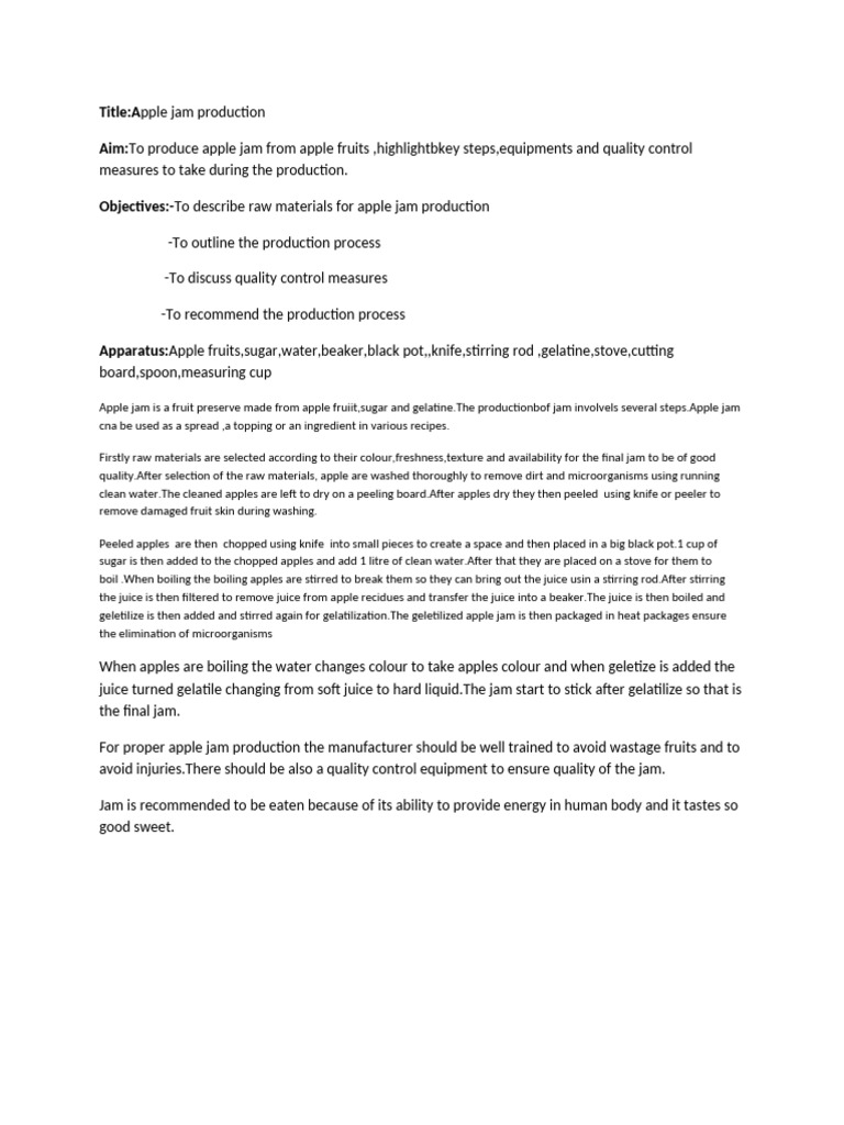 Apple Jam Production Process Overview | PDF