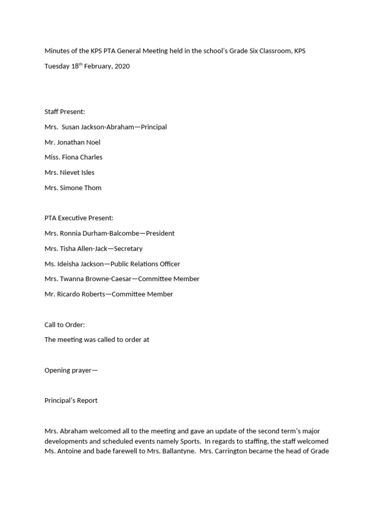Minutes of the KPS PTA Gen. Meet. @ KPS Tues. 18 Feb. 20 | PDF
