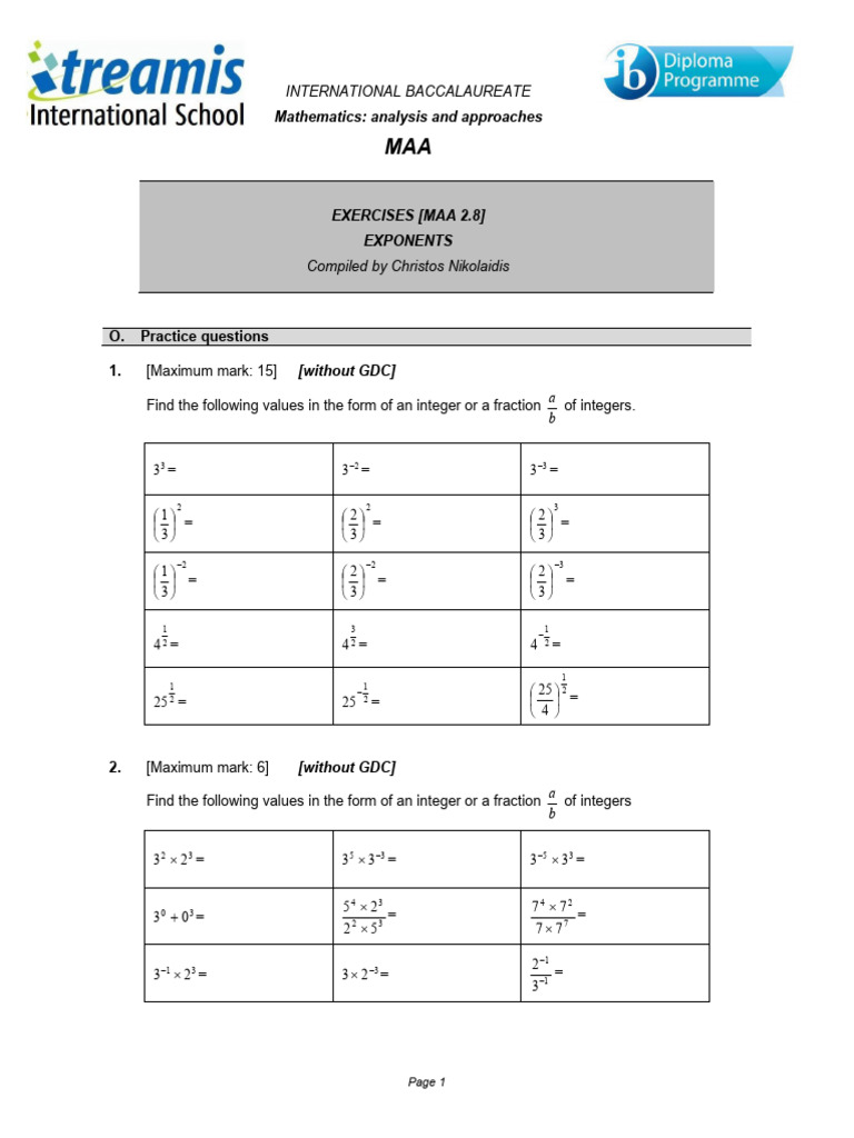 IB Math MAA Exponents Exercises Guide | PDF | Asymptote | Function ...