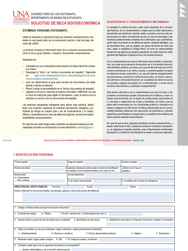 Solicitud de Beca Socioeconómica UNA 2025 | PDF | Estudiantes