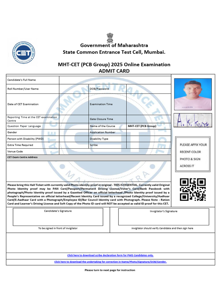 MHT-CET 2025 PCB Admit Card Details | PDF | Biometrics | Identity Document