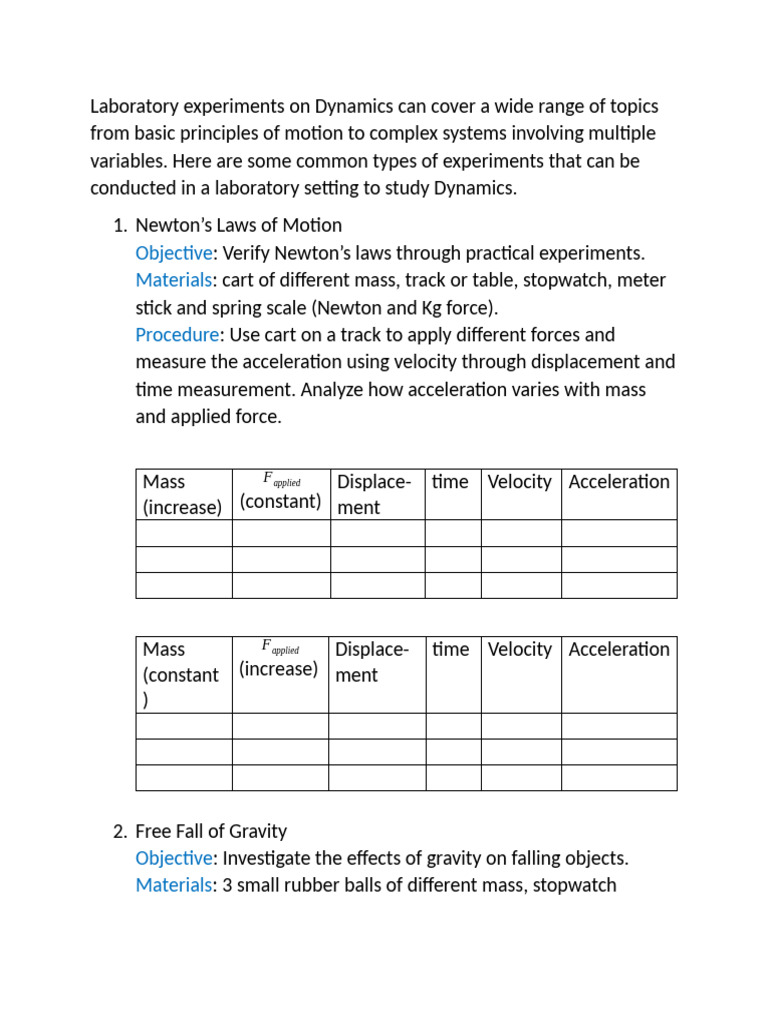 Laboratory Dynamics Experiments Guide | PDF | Force | Mass