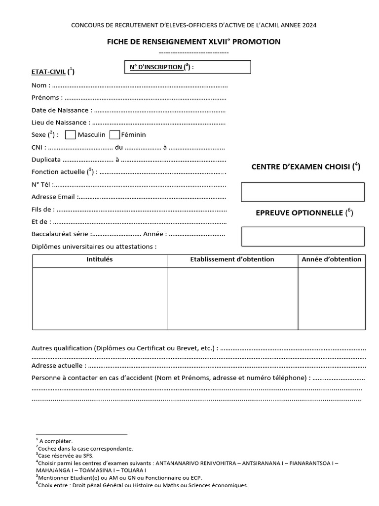 Fiche de Renseignement Concours ACMIL 2024 | PDF
