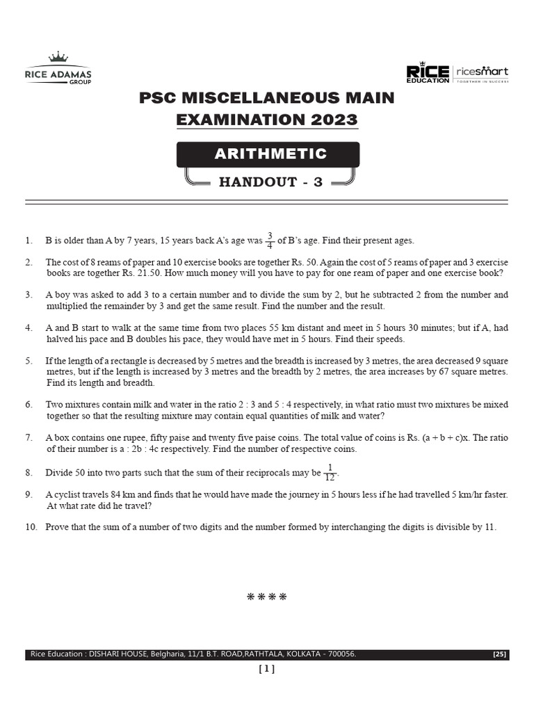 PSC Misc Main - Arithmetic Class - 3 (Q) Final PDF | PDF | Length ...