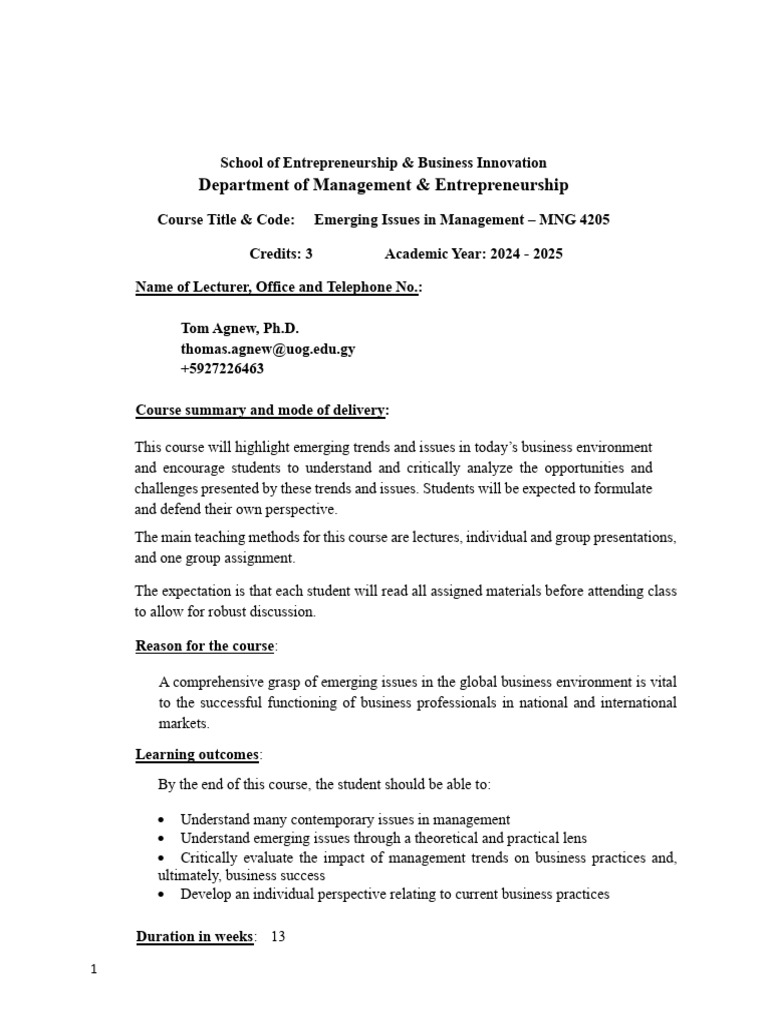 MNG 4202 Emerging Issues in Management Course Outline 2025 | PDF ...