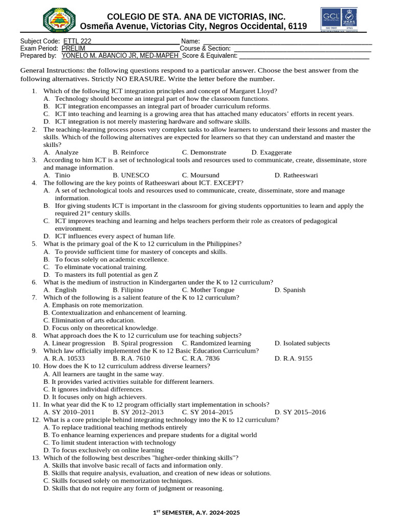 ICT Integration Exam for Educators | PDF | Educational Technology ...
