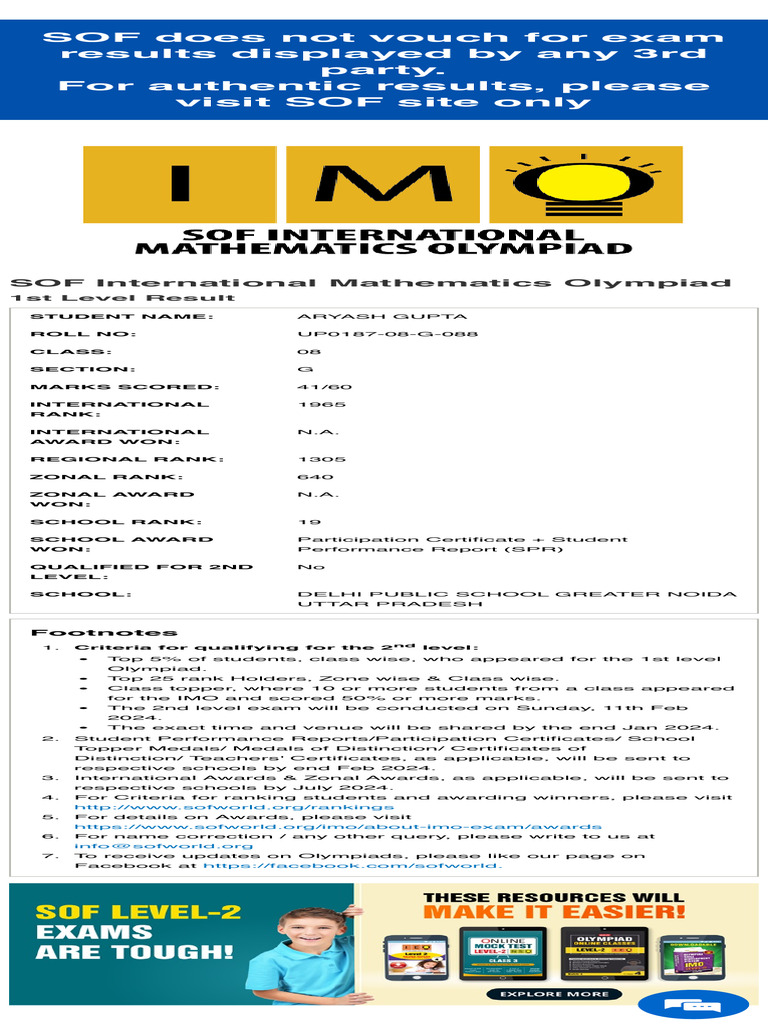 Resuts Science Olympiad Foundation | PDF