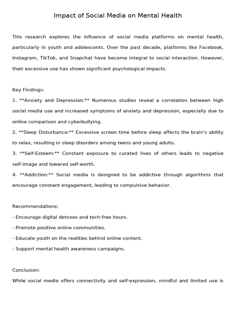 Social Media's Impact on Youth Mental Health | PDF