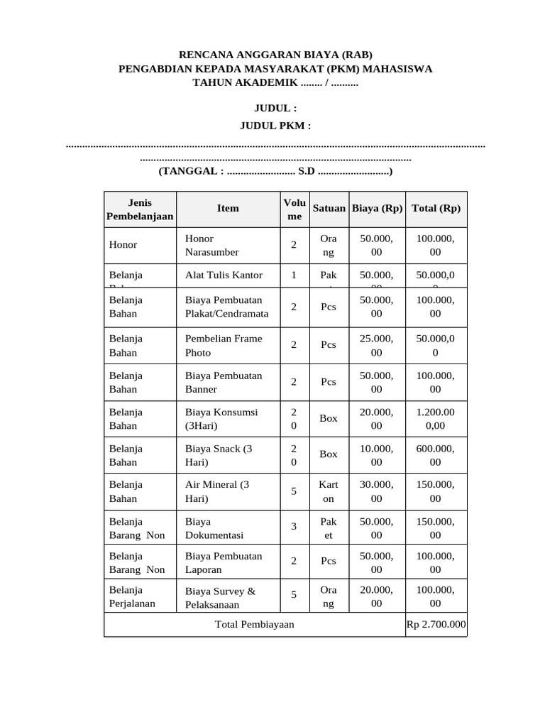 Contoh RAB PKM Mahasiswa 2023 | PDF