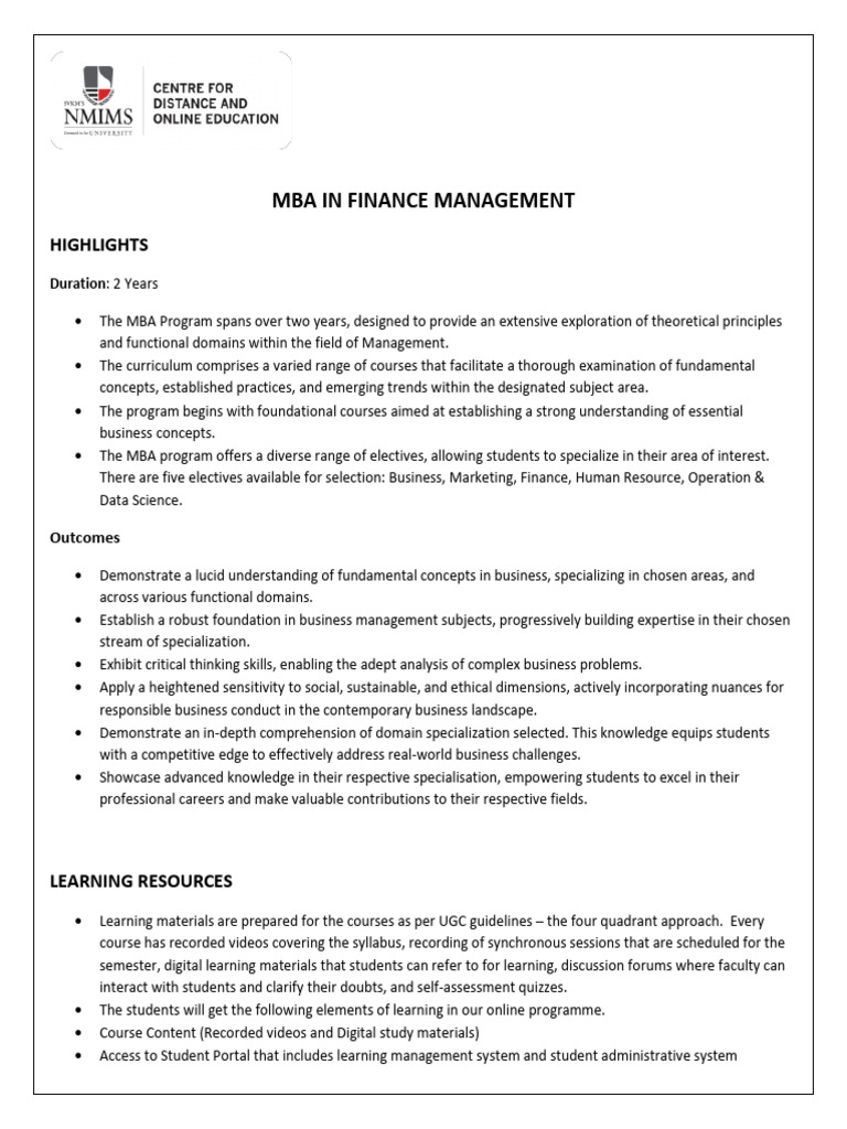 NMIMS MBA in Finance Overview and Fees | PDF | Master Of Business ...