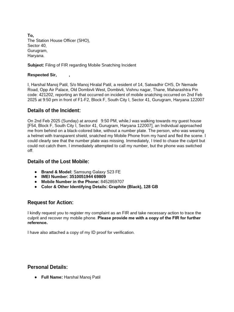 FIR for Mobile Snatching in Haryana | PDF