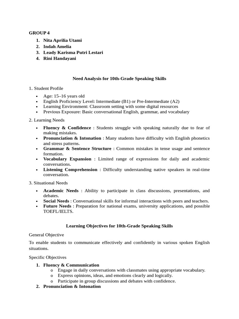 10th Grade English Speaking Skills Analysis | PDF | English Language ...