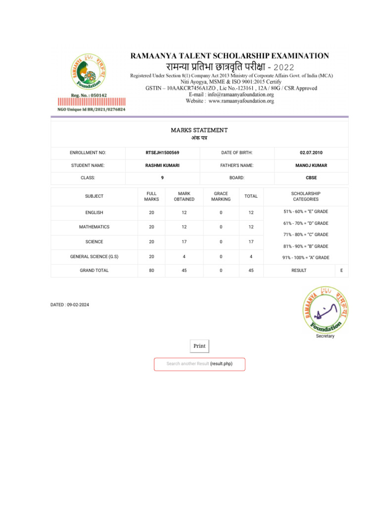 Ramaanya Foundation Result 2024 | PDF