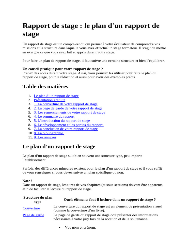 Plan de Rapport de Stage Structuré | PDF