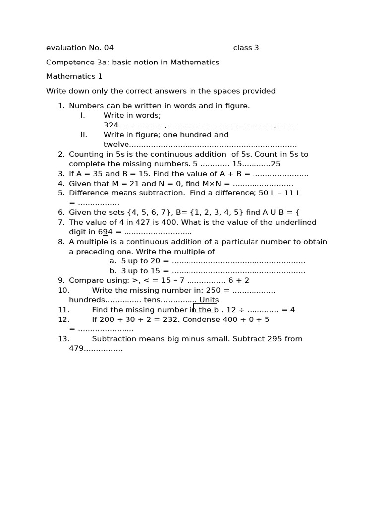 Class 3 Math Evaluation Paper | PDF
