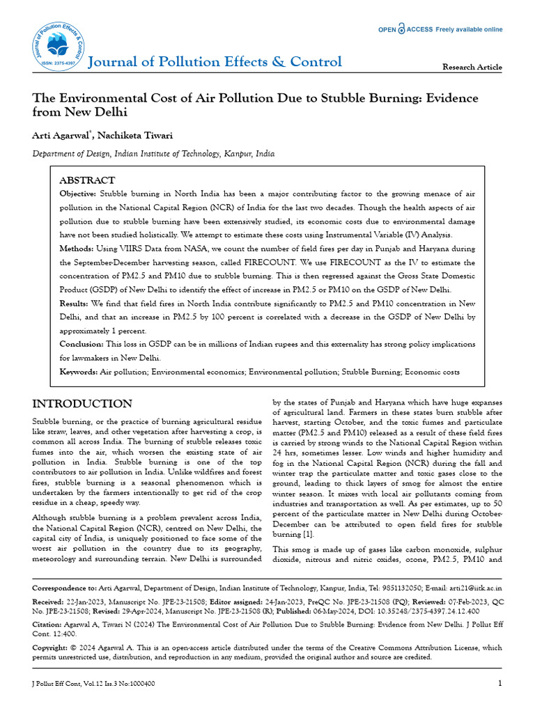 Economic Impact of Stubble Burning in Delhi | PDF | Smog | Air Pollution