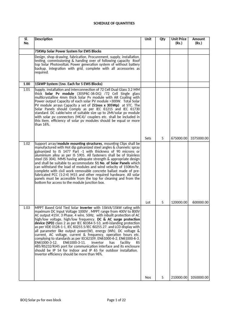 Solar BOQ for EWS Block Installation | PDF | Photovoltaic System ...