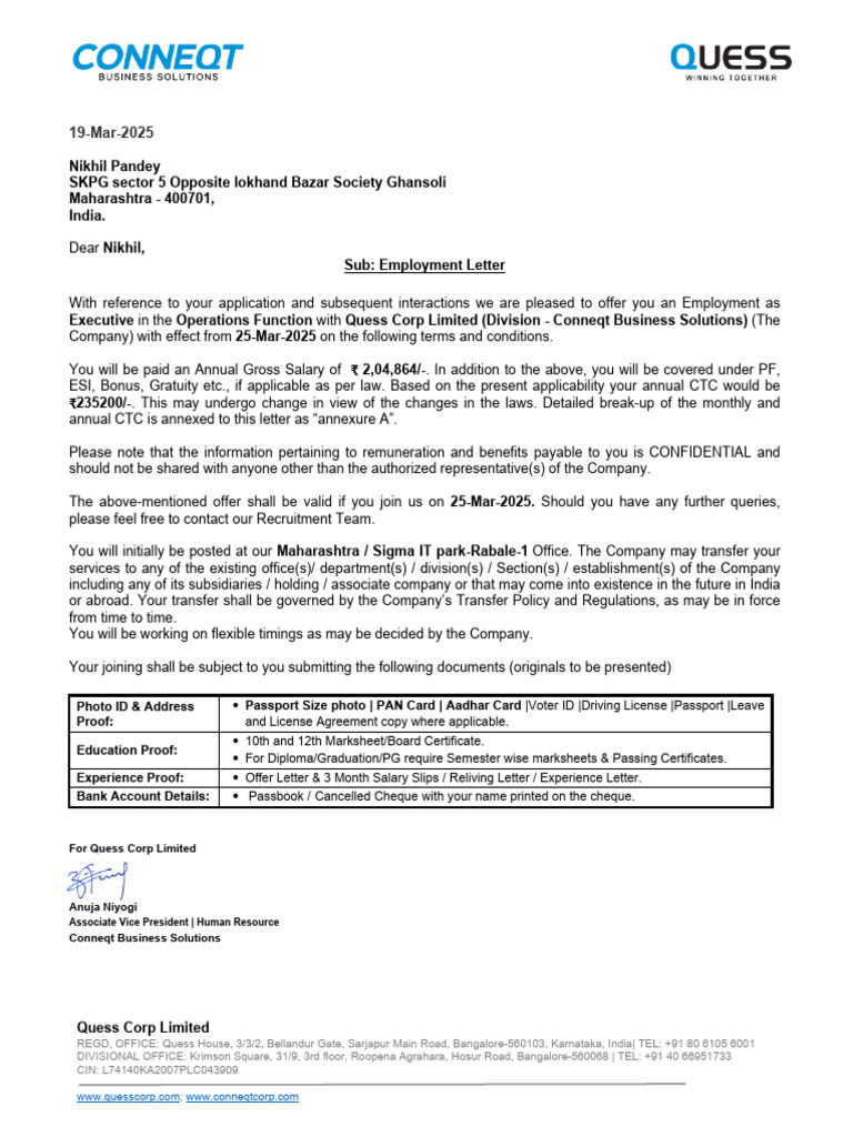 Quess Corp Employment Offer Letter | PDF | Salary | Employment