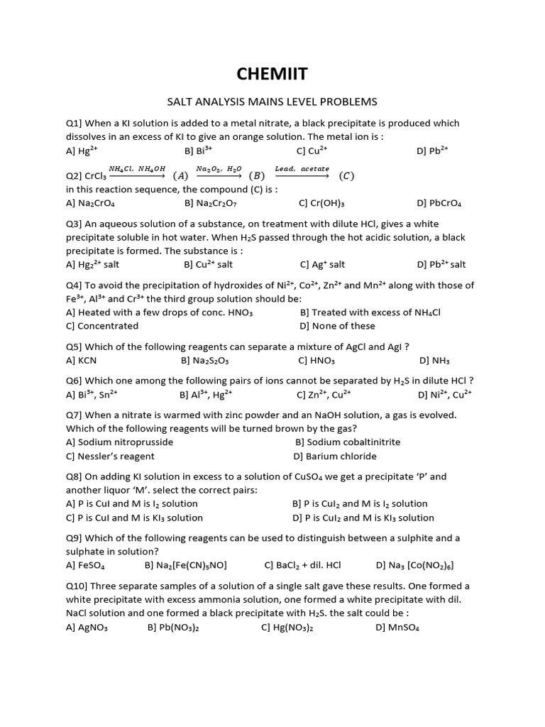 Salt Analysis Problem Set | PDF | Precipitation (Chemistry) | Sets Of ...