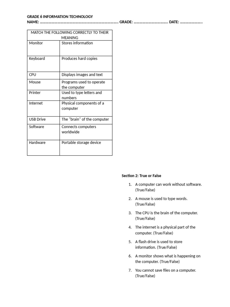 Grade 6 IT: Computer Basics Quiz | PDF