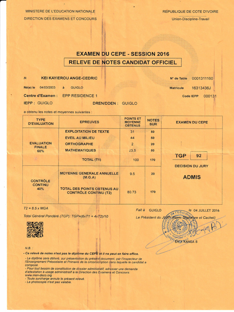 Relevé de notes CEPE 2016 Côte d'Ivoire | PDF