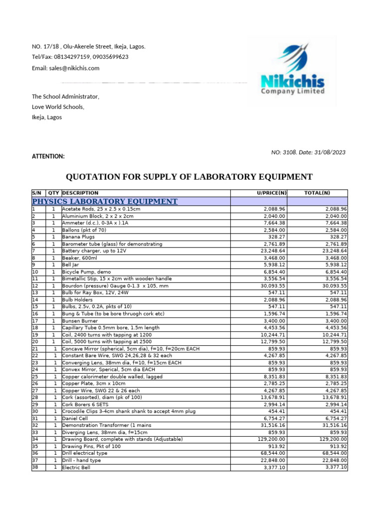Quotation for Laboratory Equipment Supply | PDF | Magnesium | Calcium