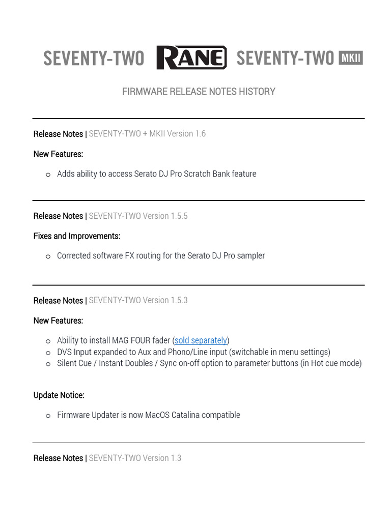SEVENTY-TWO Firmware 1.6 Release Notes | PDF