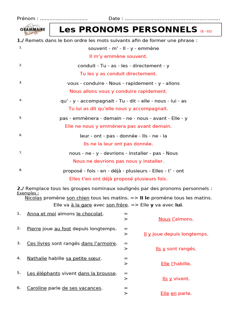 Exercices sur les pronoms personnels | PDF | Échecs | Théorie (échecs)