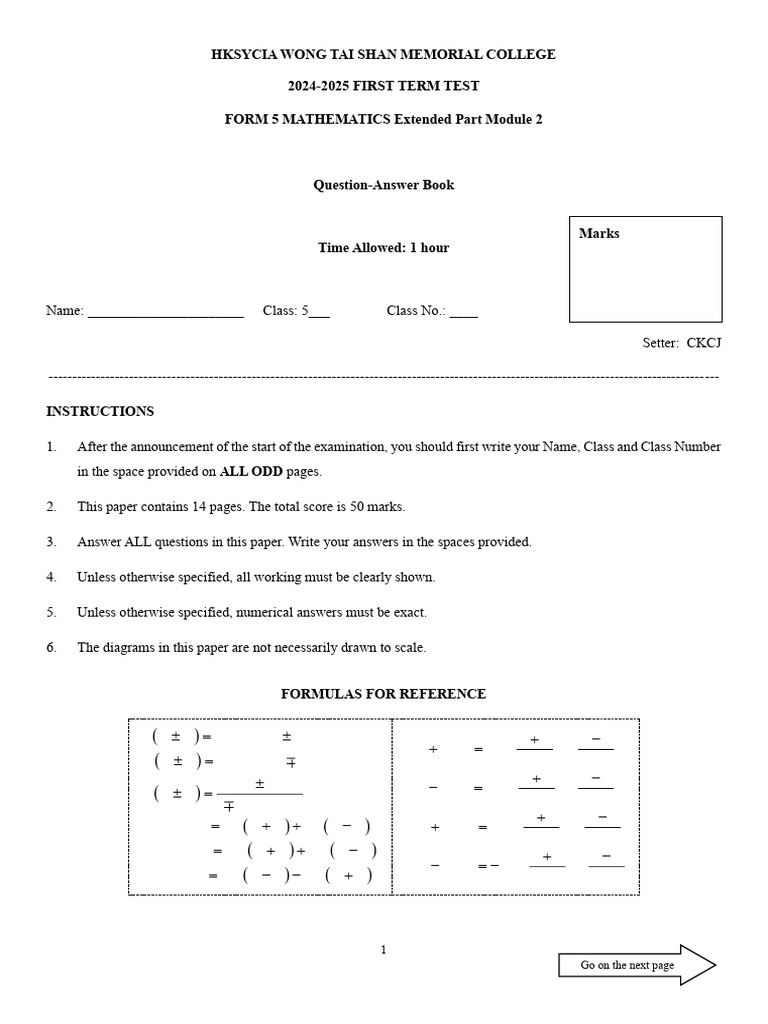 Form 5 Mathematics Test 2024-2025 | PDF | Tangent | Mathematical Objects