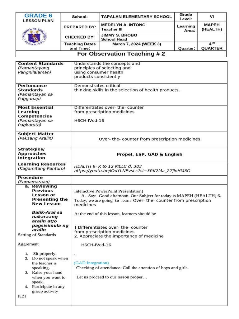 Grade 6 MAPEH Health Lesson Plan | PDF | Over The Counter Drug ...