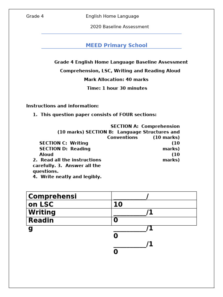 Grade 4 English Baseline Assessment 2020 | PDF | Language Mechanics ...