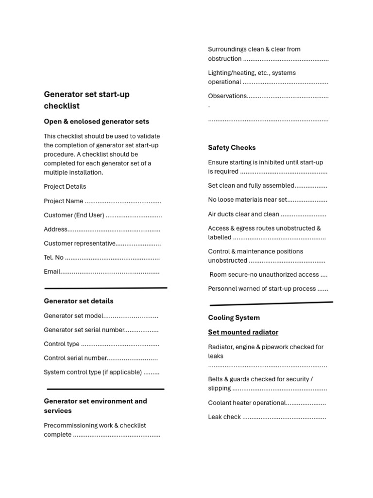 Generator Set Start-Up Checklist | PDF | Radiator | Leak