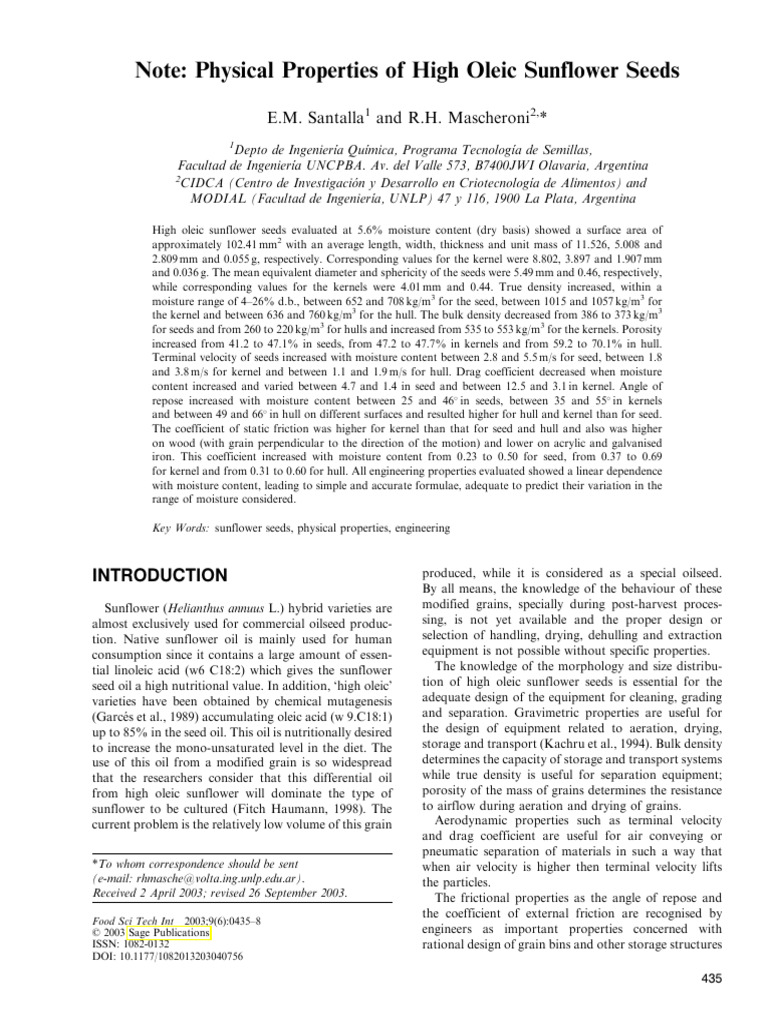 Physical Properties of High Oleic Sunflower Seeds | PDF | Friction | Seed