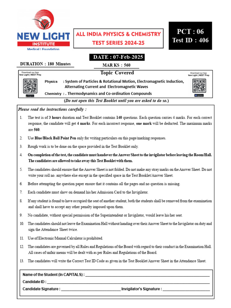 NEET 2025 Physics & Chemistry Test Paper | PDF | Mechanics | Physics