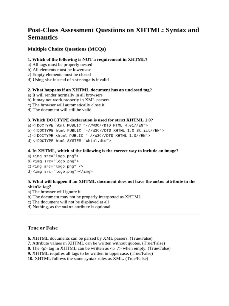 XHTML Assessment Questions and Answers | PDF