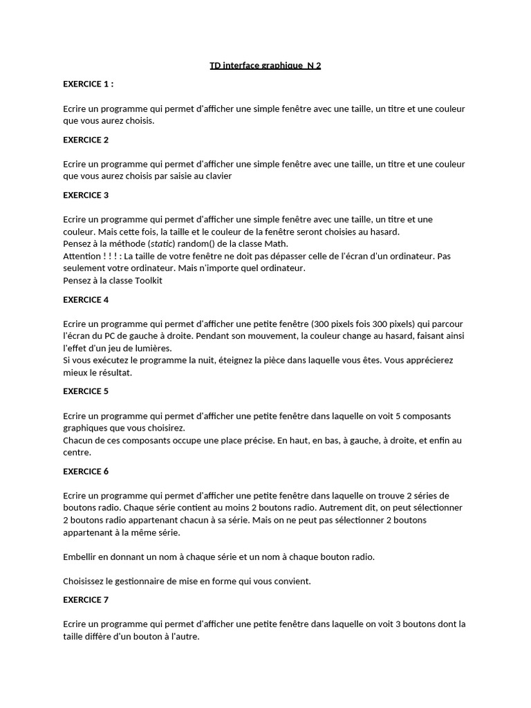 Exercices de programmation GUI en Java | PDF | Interface graphique ...