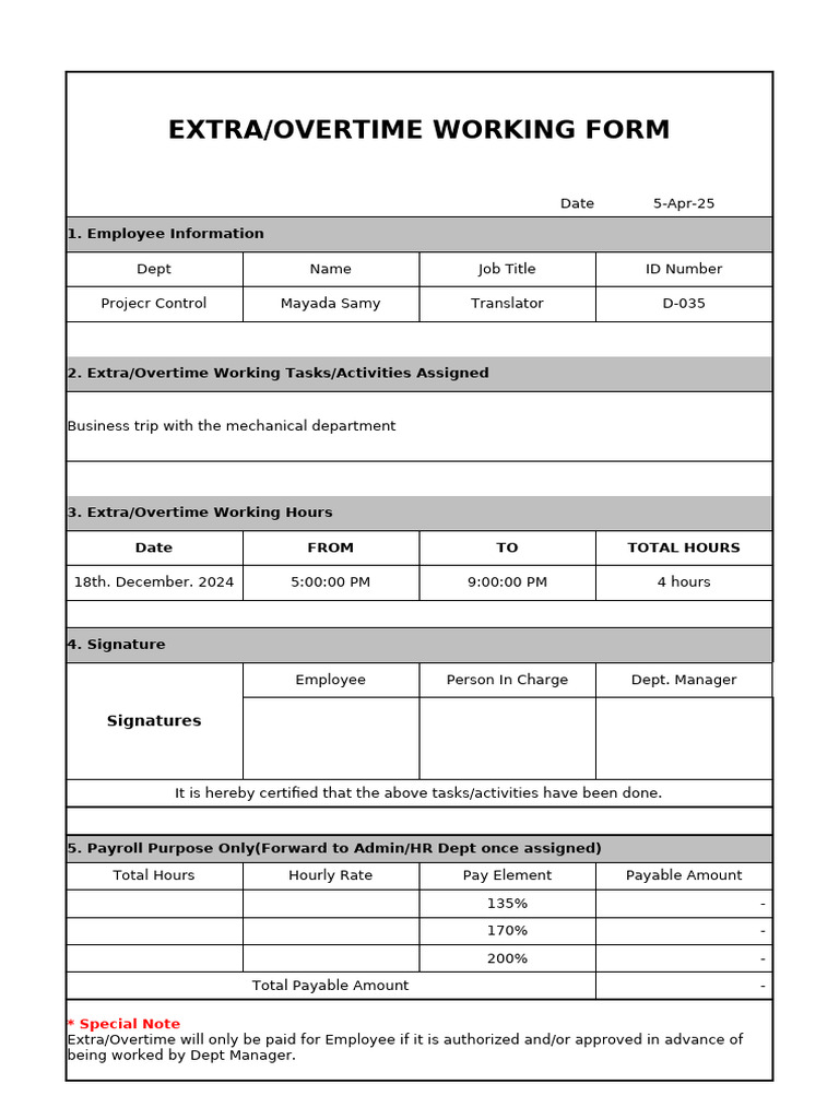 Overtime Work Approval Form | PDF