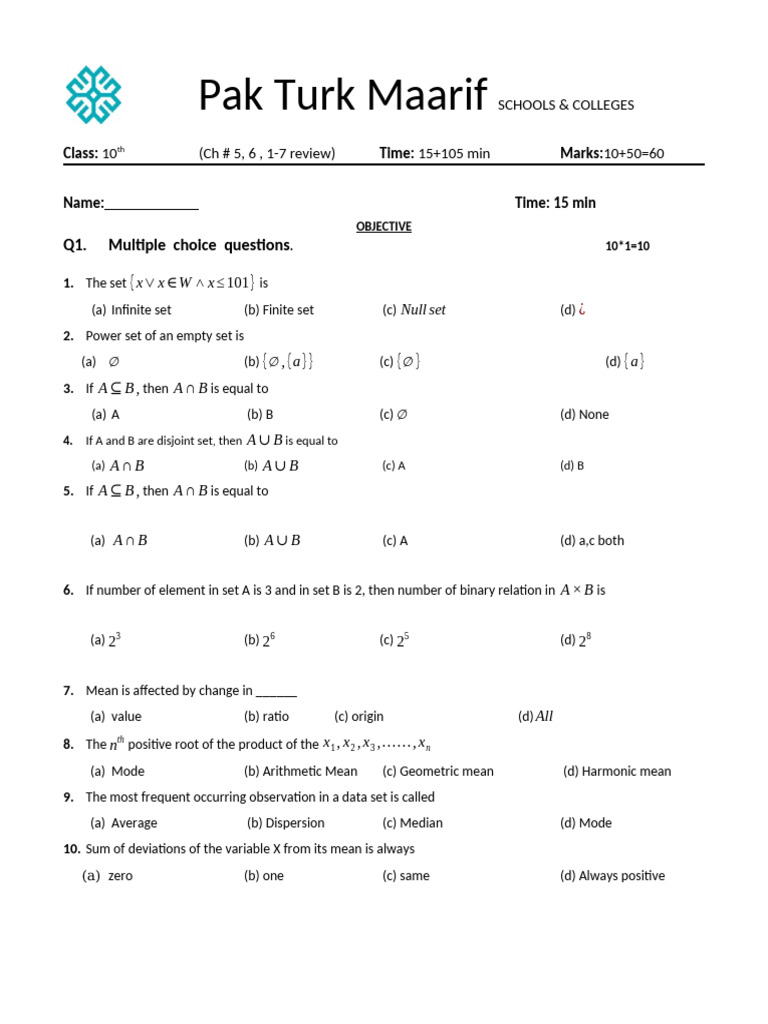 10th Grade Math Review Questions | PDF | Mean | Empty Set