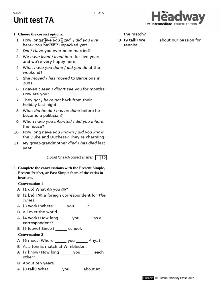 Hwy Pre Int Unittests 7a | PDF | Grammar | Linguistics