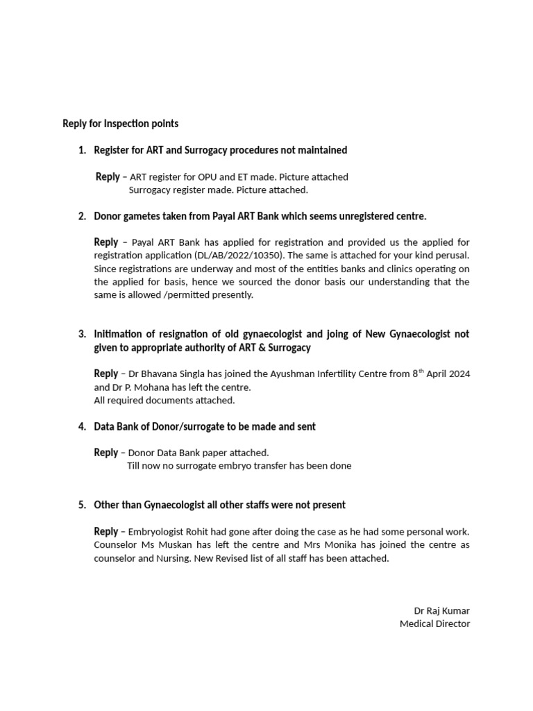 ART and Surrogacy Inspection Response | PDF