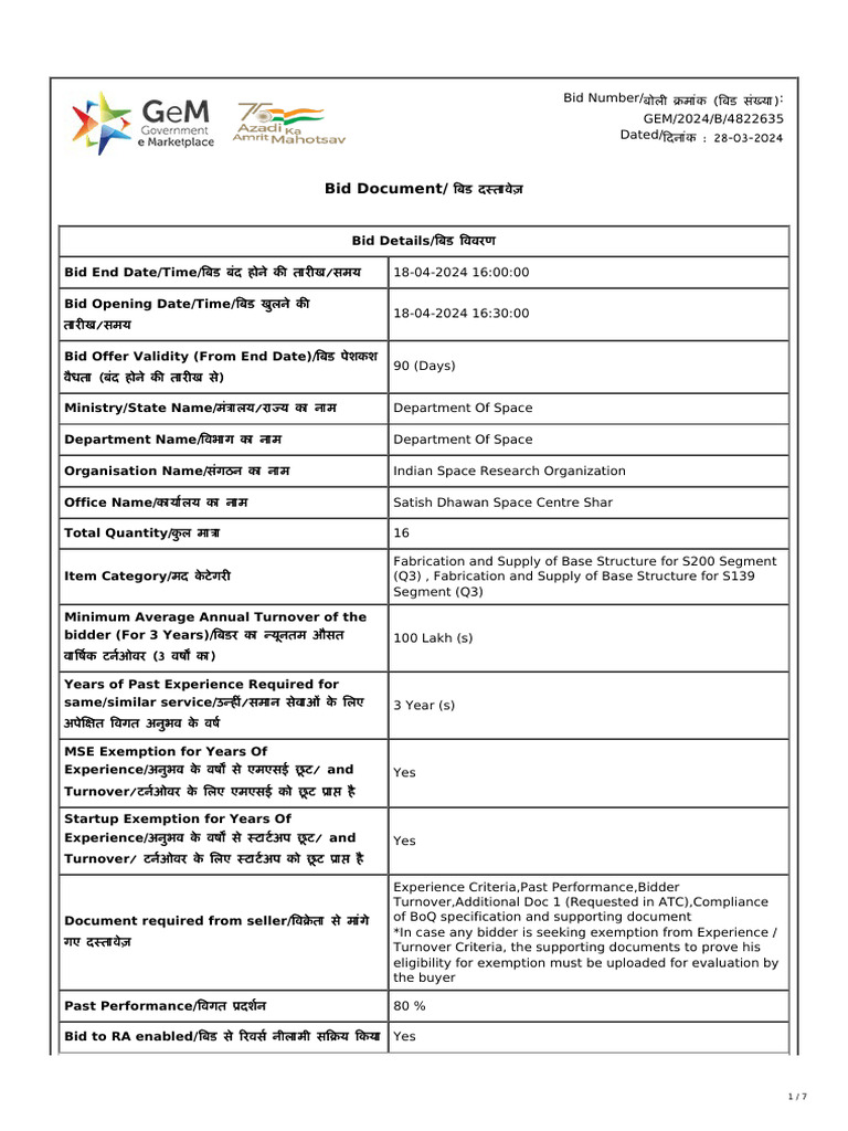 ISRO Bid for Base Structure Fabrication | PDF | Specification ...
